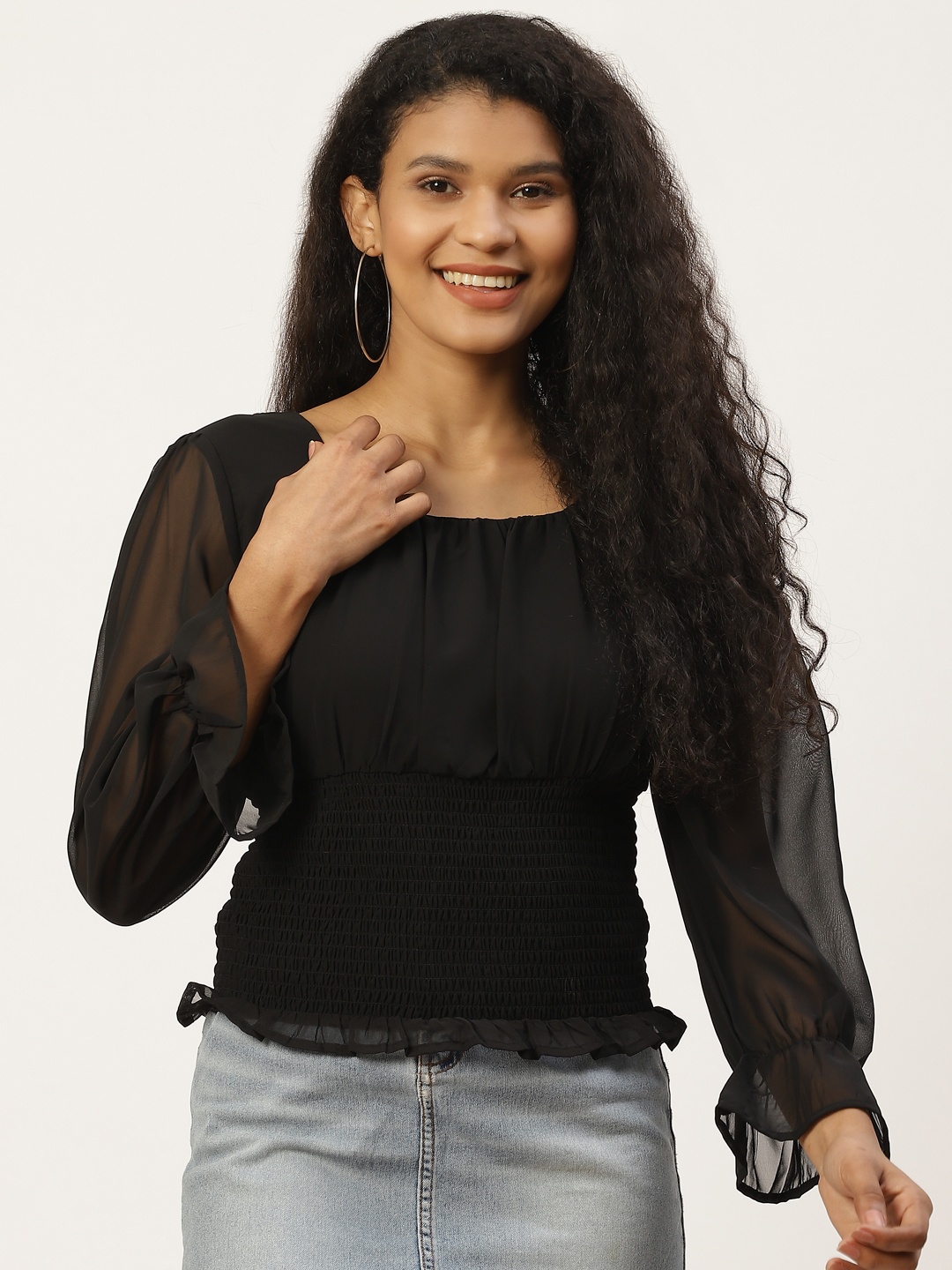 

Trend Arrest Black Puff Sleeves Smocked Georgette Empire Top