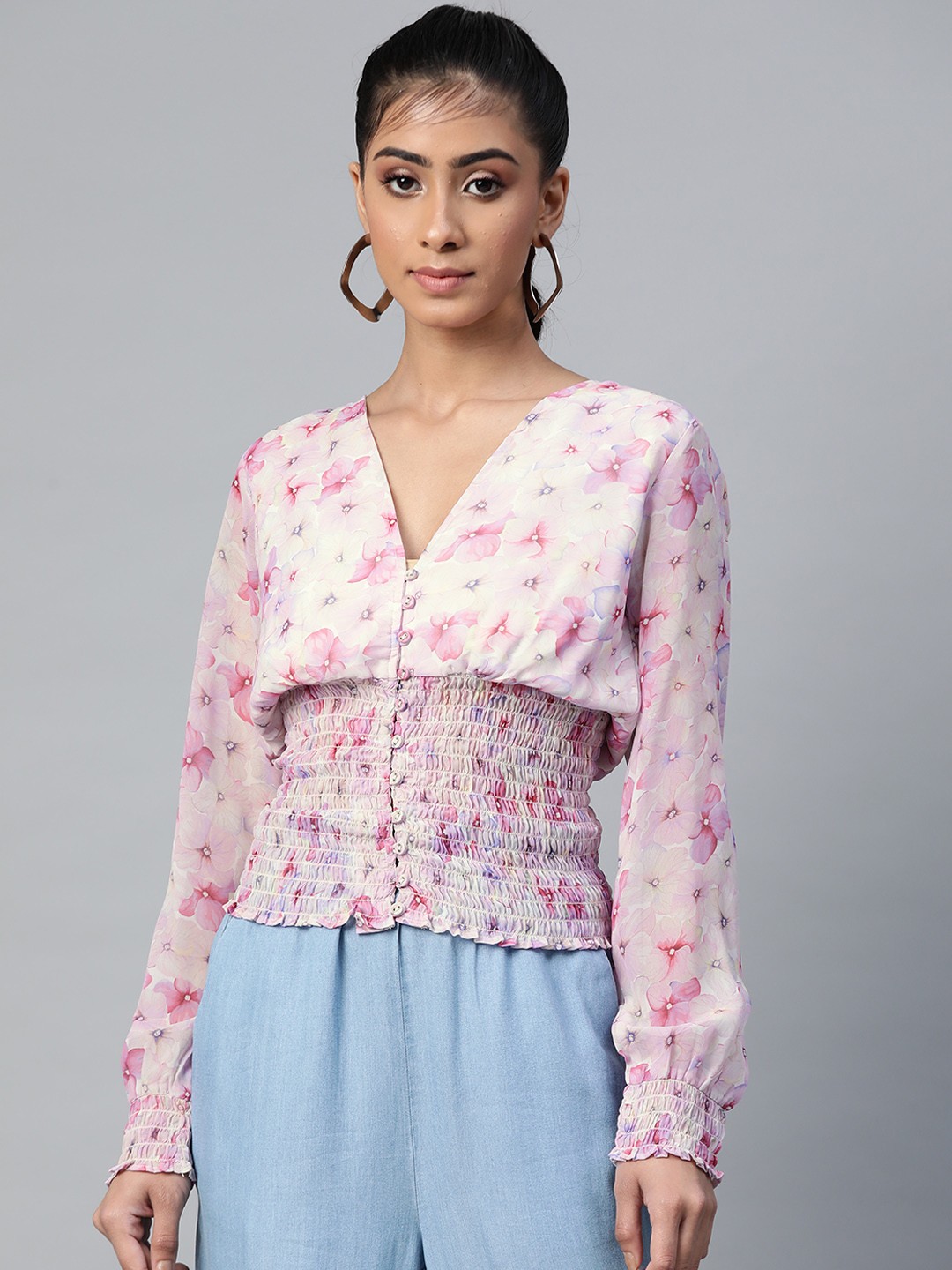 

SASSAFRAS Pink & Off-White Floral Printed Puff Sleeves Smocked Empire Top