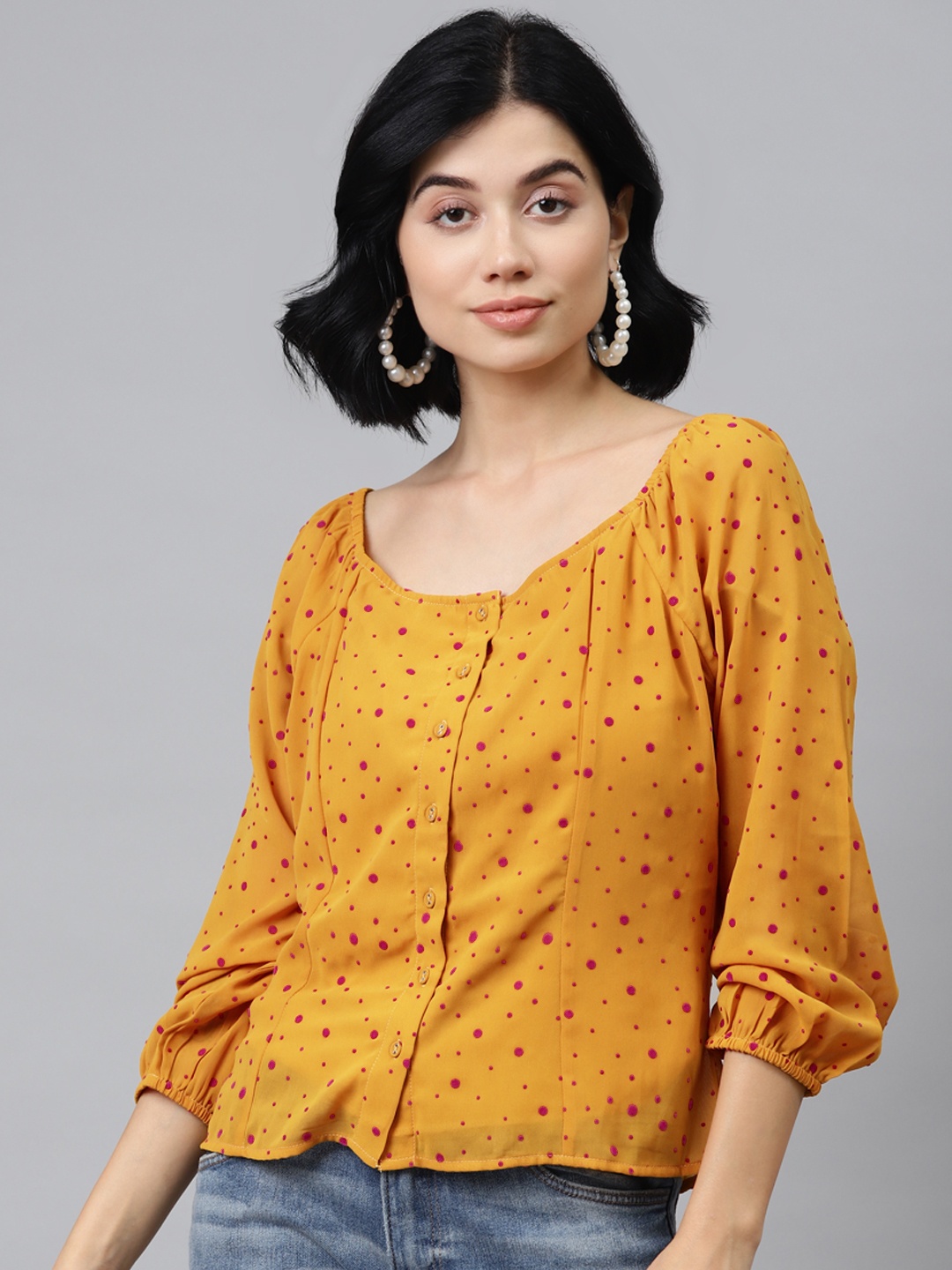 

SASSAFRAS Women Mustard Yellow Geometric Printed Puff Sleeves Top