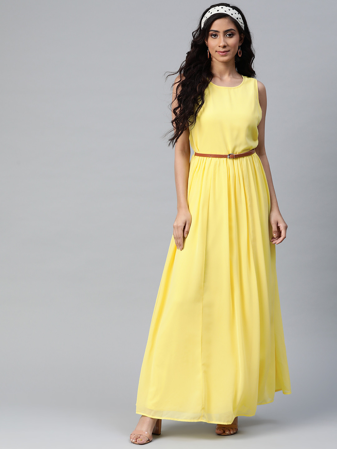 

SASSAFRAS Women Yellow Solid Maxi Dress & Belt