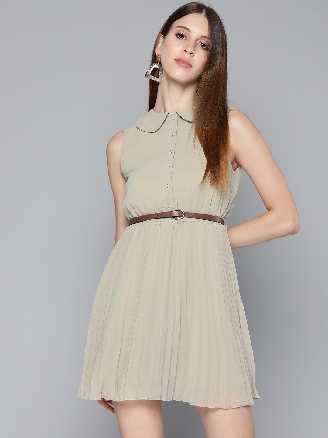 

SASSAFRAS Green Peter Pan Collar Georgette A-Line Dress