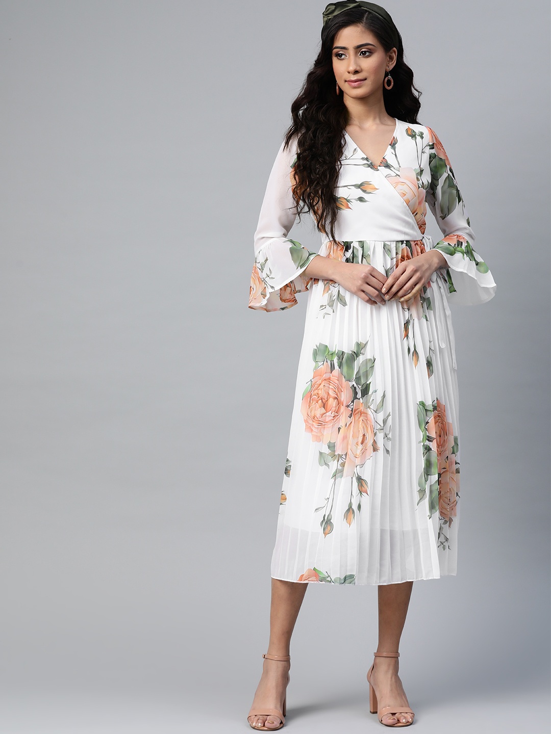 

SASSAFRAS Women White & Peach-Coloured Floral Printed Accordion Pleated Wrap Dress