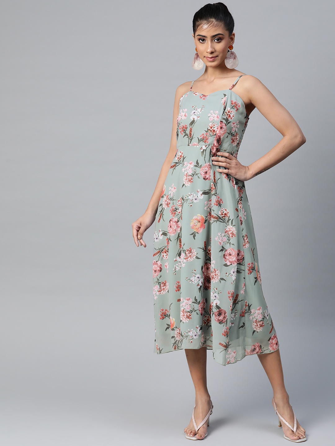 

SASSAFRAS Women Green & Pink Floral Print Smocked A-Line Dress