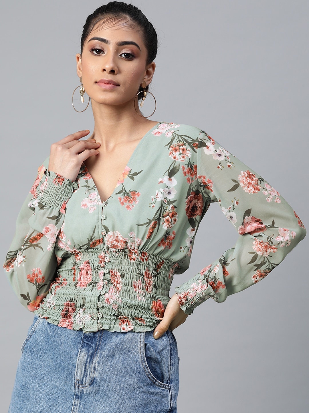 

SASSAFRAS Green & Pink Floral Printed Puff Sleeves Georgette Cinched Waist Top