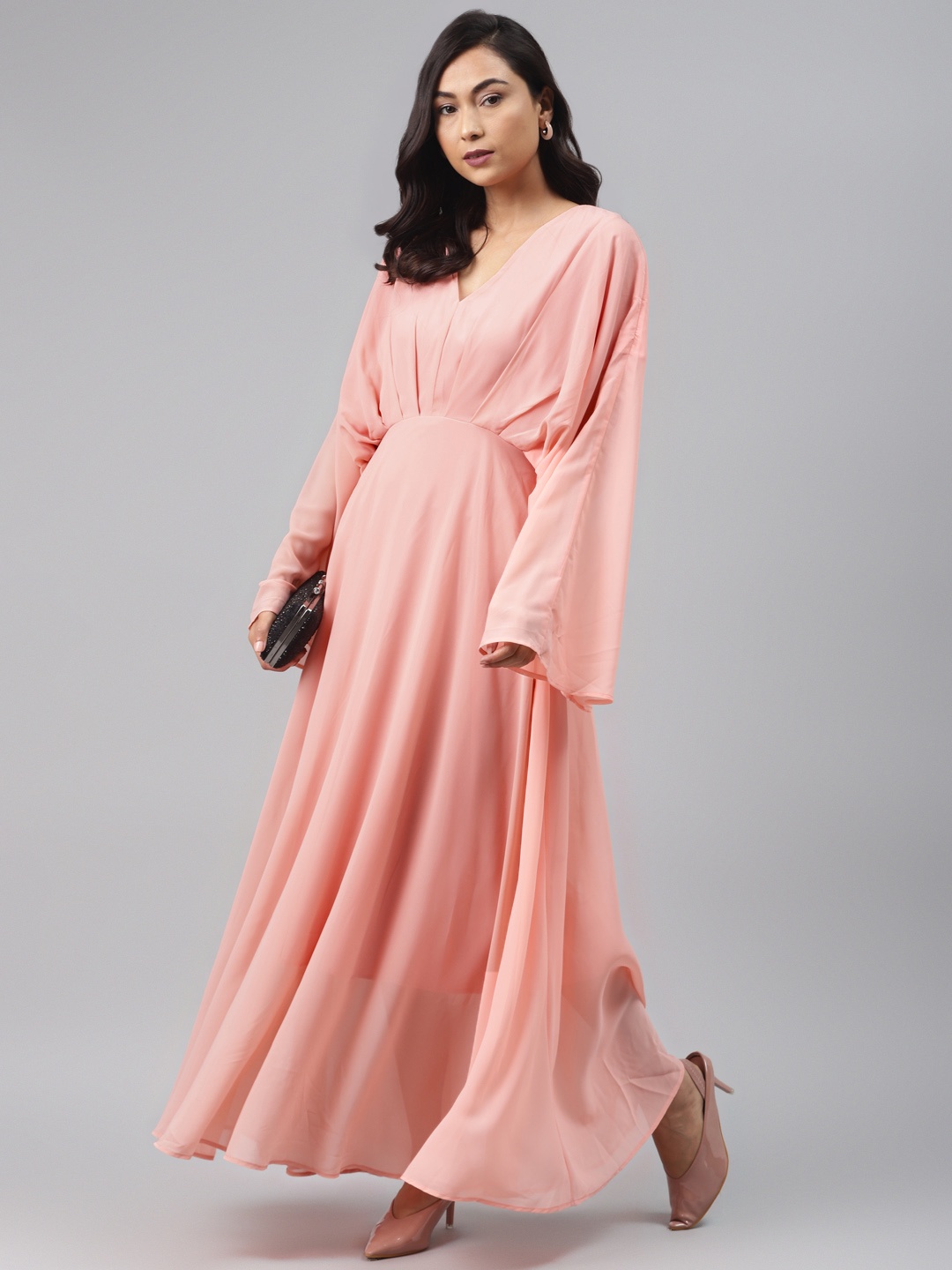 

SASSAFRAS Women Pink Solid Maxi Dress With Flared Sleeved