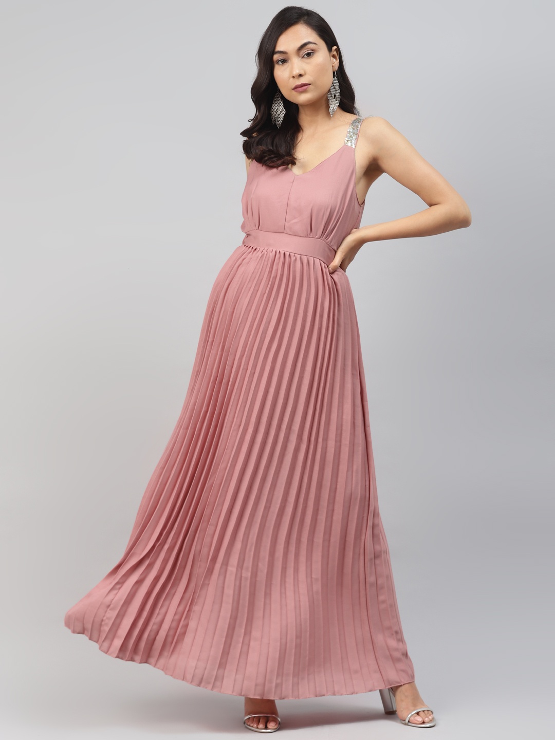 

SASSAFRAS Rose Accordion Pleats Maxi Dress With Sequin Detail, Pink