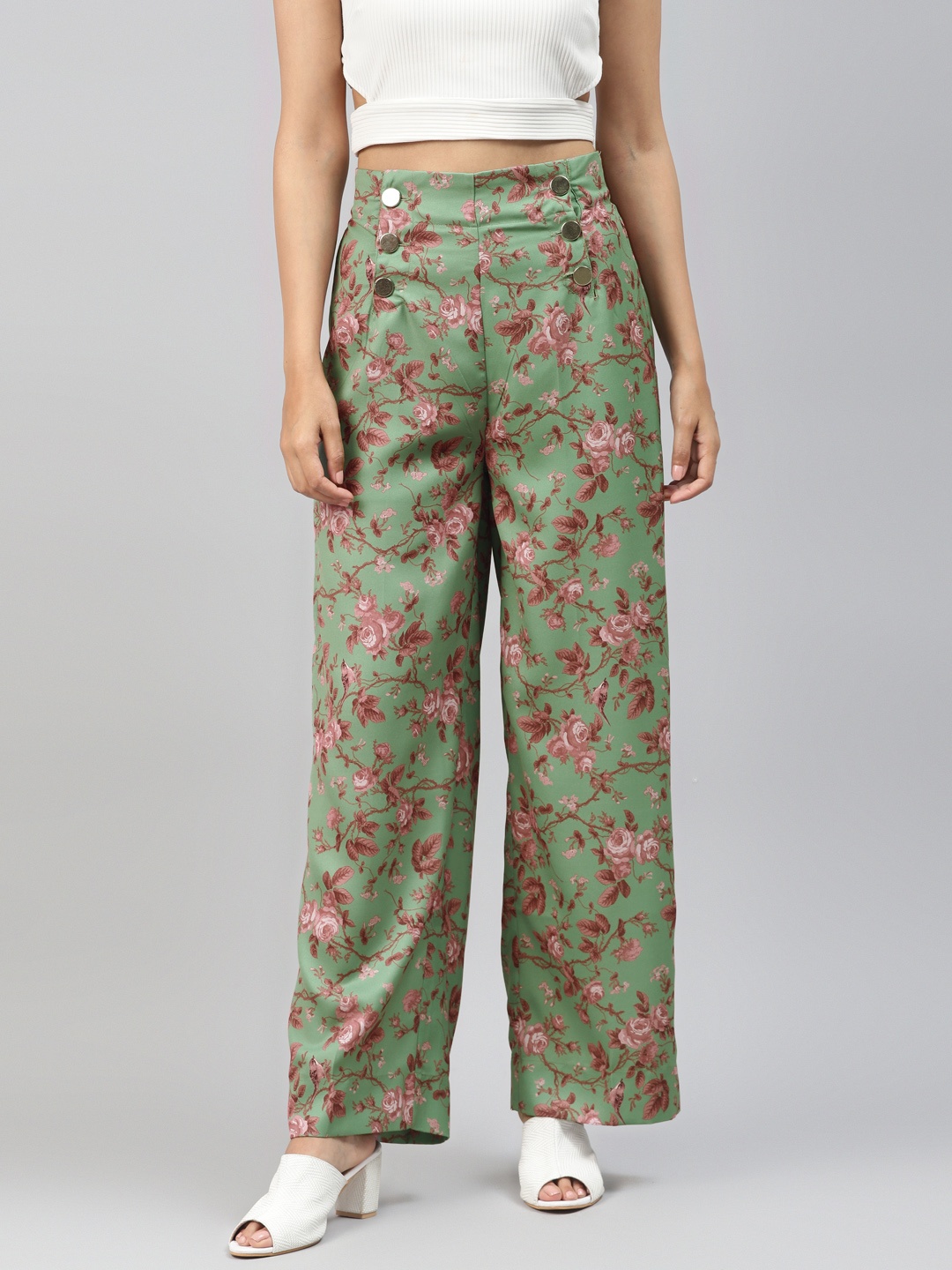 

SASSAFRAS Women Green & Brown Regular Fit Printed Parallel Trousers