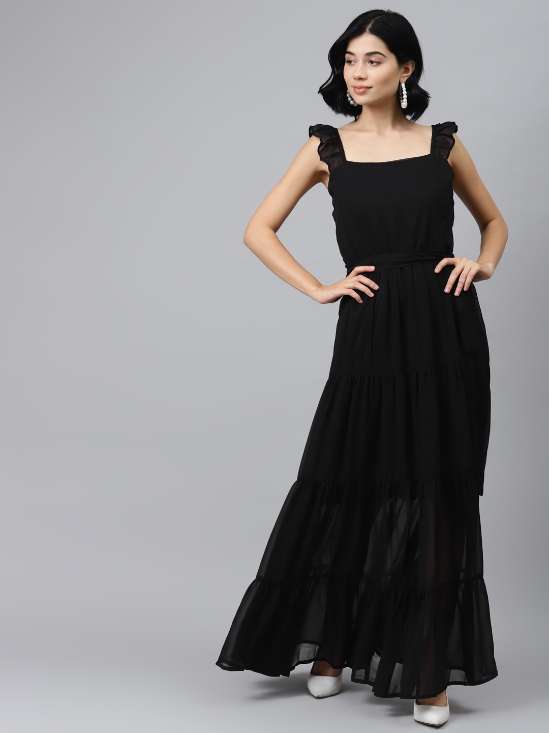 

SASSAFRAS Women Black Solid Maxi Tiered Dress & Belt