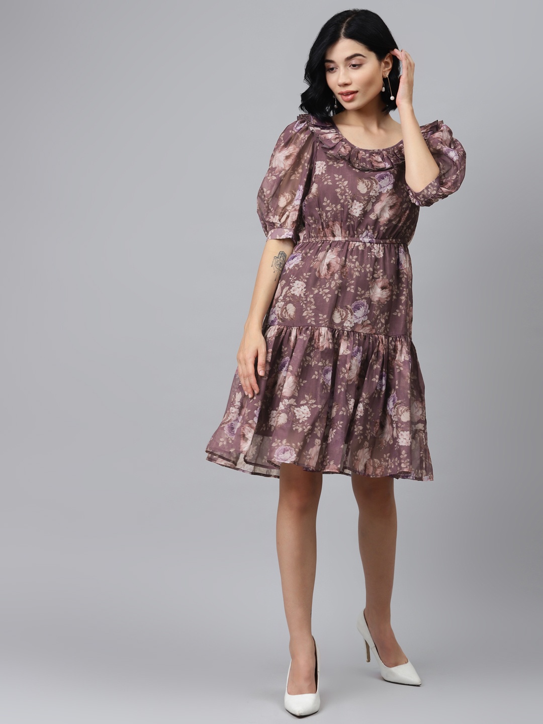 

SASSAFRAS Purple & Pink Floral Printed Tiered A-Line Dress With Puff Sleeves