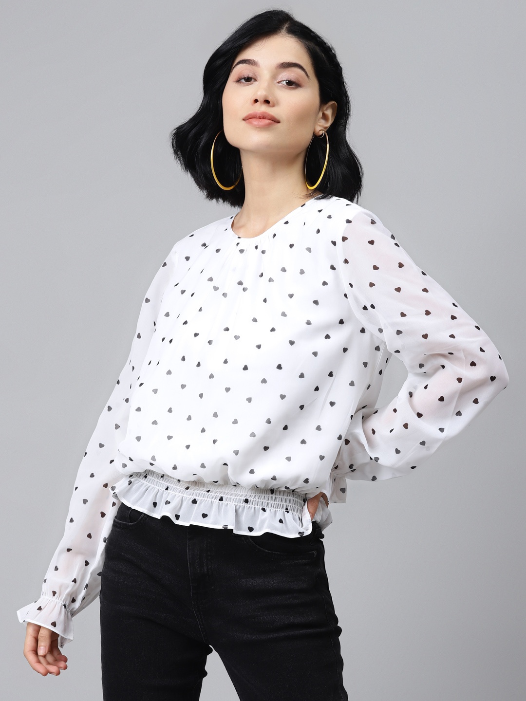 

SASSAFRAS Women White & Black Printed Bell Sleeves Cinched Waist Top