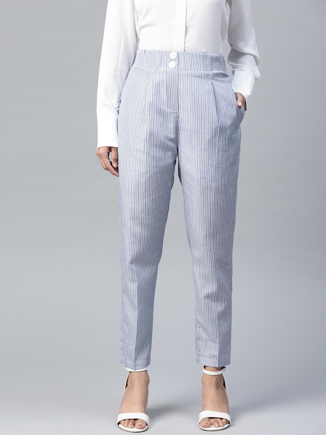 

SASSAFRAS Women Blue & White Straight Fit Striped Regular Trousers