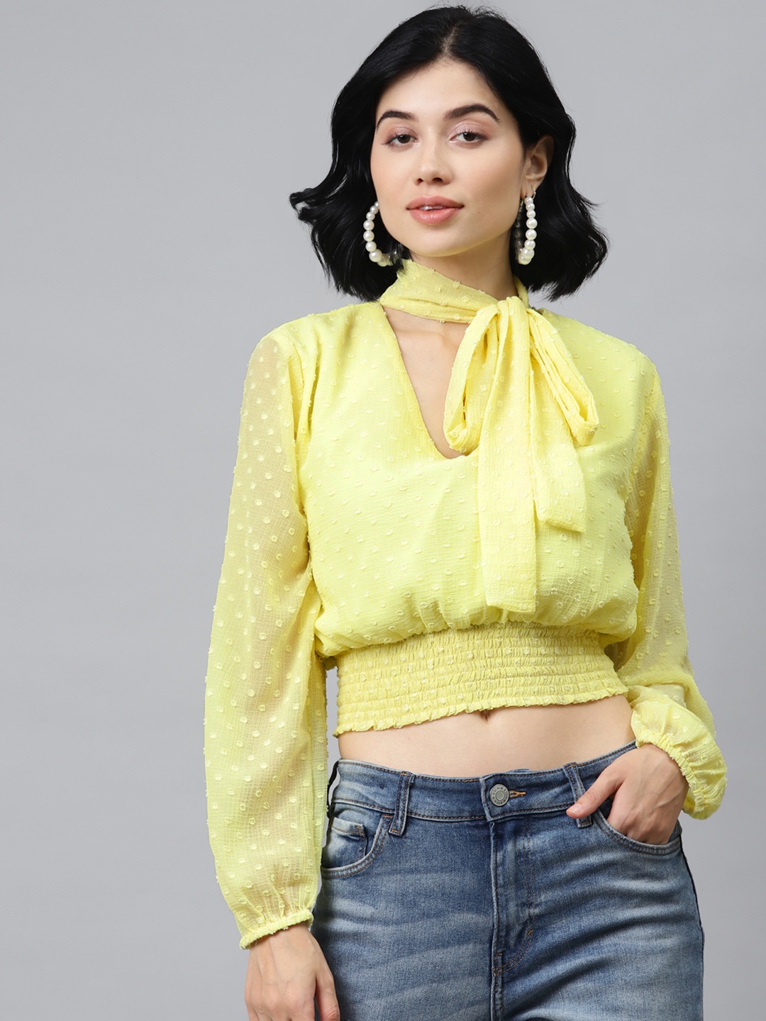 

SASSAFRAS Women Yellow Tie-Up Neck Cinched Waist Dobby Weave Crop Top