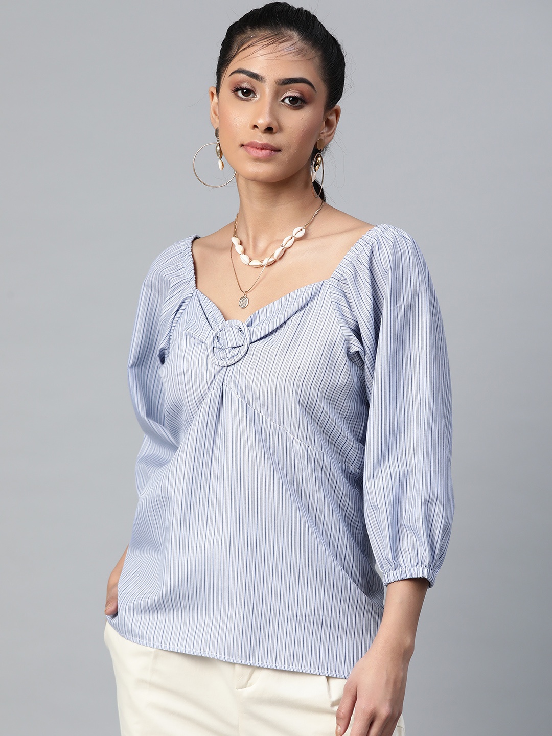 

SASSAFRAS Women Blue & White Striped Puff Sleeves Top