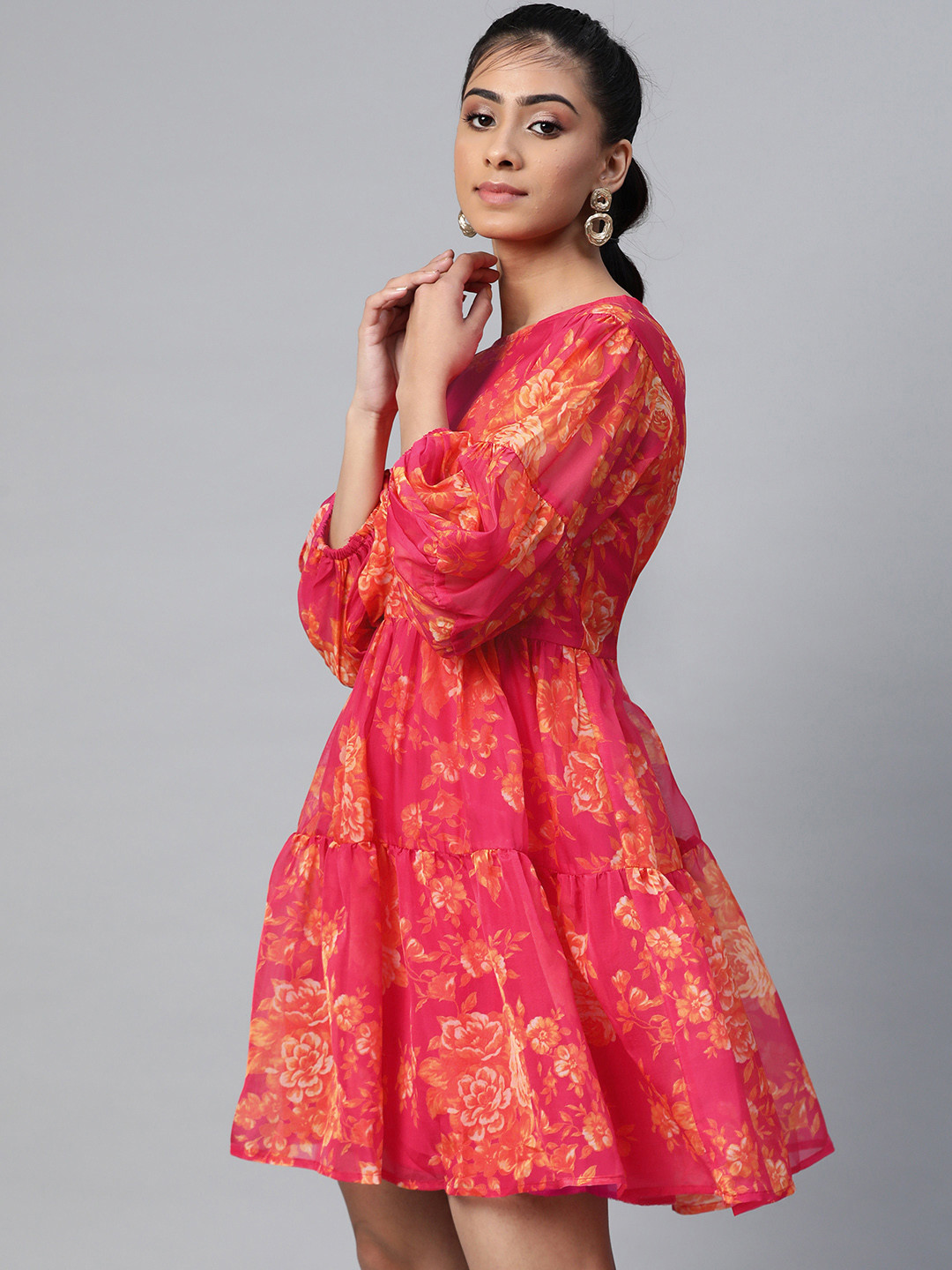 

SASSAFRAS Pink & Orange Floral Printed Tiered A-Line Dress With Puff Sleeves