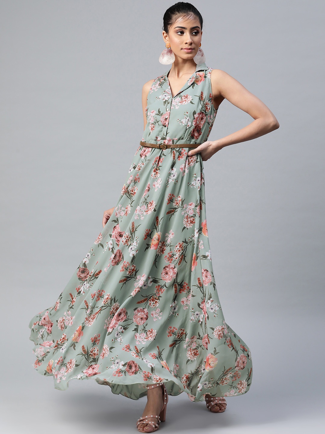 

SASSAFRAS Women Olive Green & Peach-Coloured Floral Printed Maxi Shirt Dress With Belt