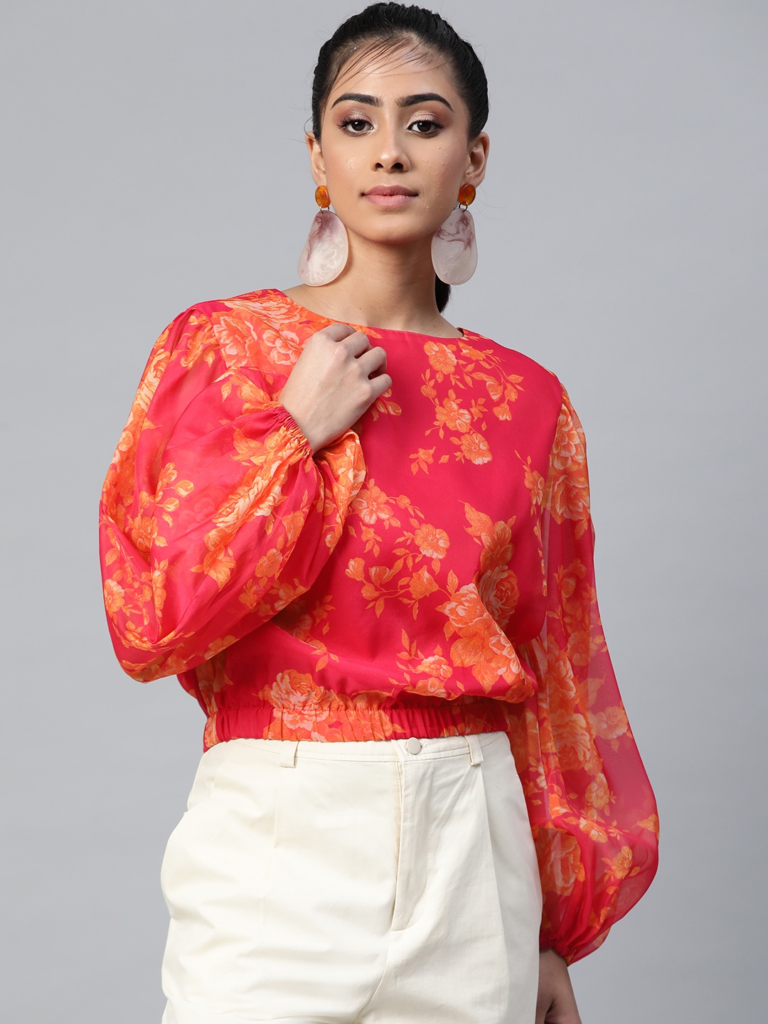 

SASSAFRAS Pink & Orange Floral Printed Puff Sleeves Blouson Top