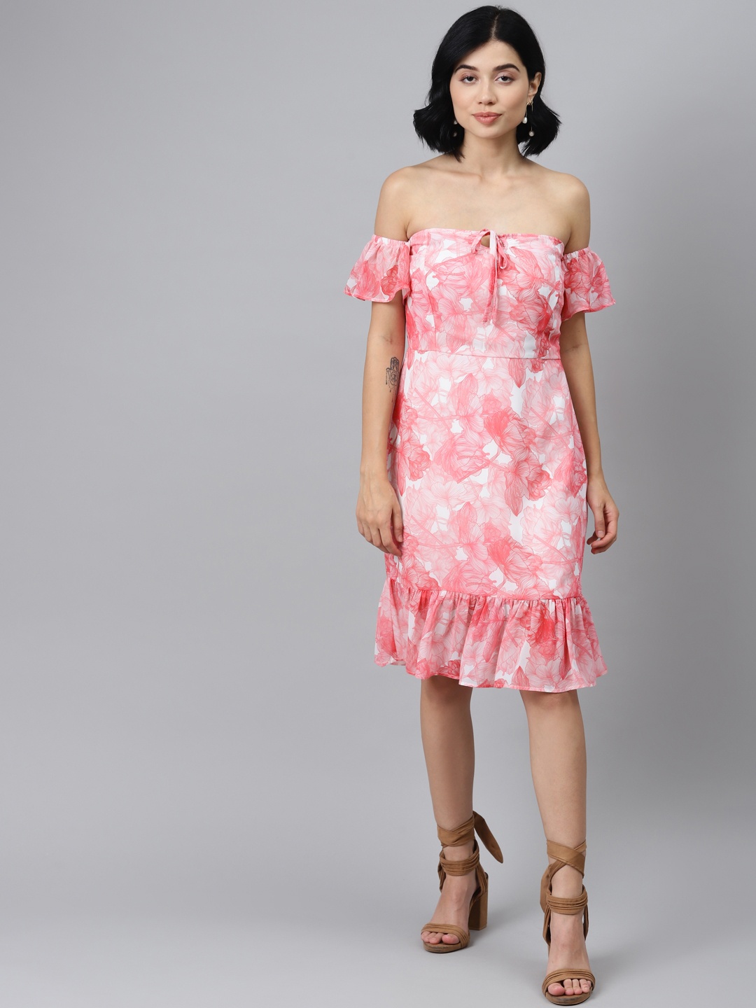 

SASSAFRAS Women Pink & White Floral Printed Off-Shoulder A-Line Dress