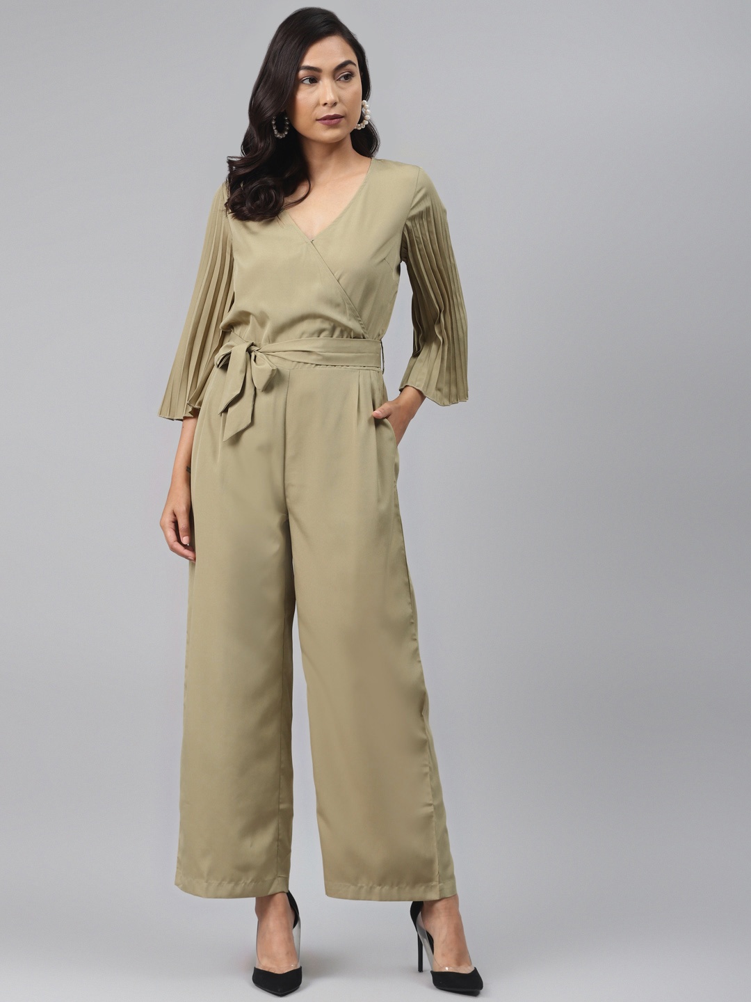 

SASSAFRAS Women Khaki Solid Basic Jumpsuit With Pleated Sleeves