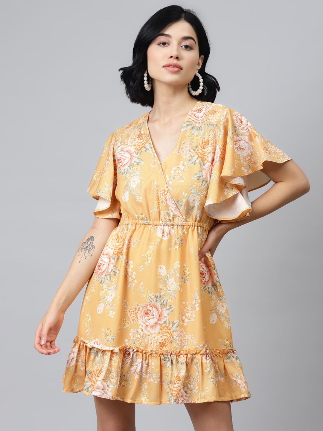 

SASSAFRAS Women Mustard Yellow & White Floral Printed Wrap Dress With Flared Sleeves