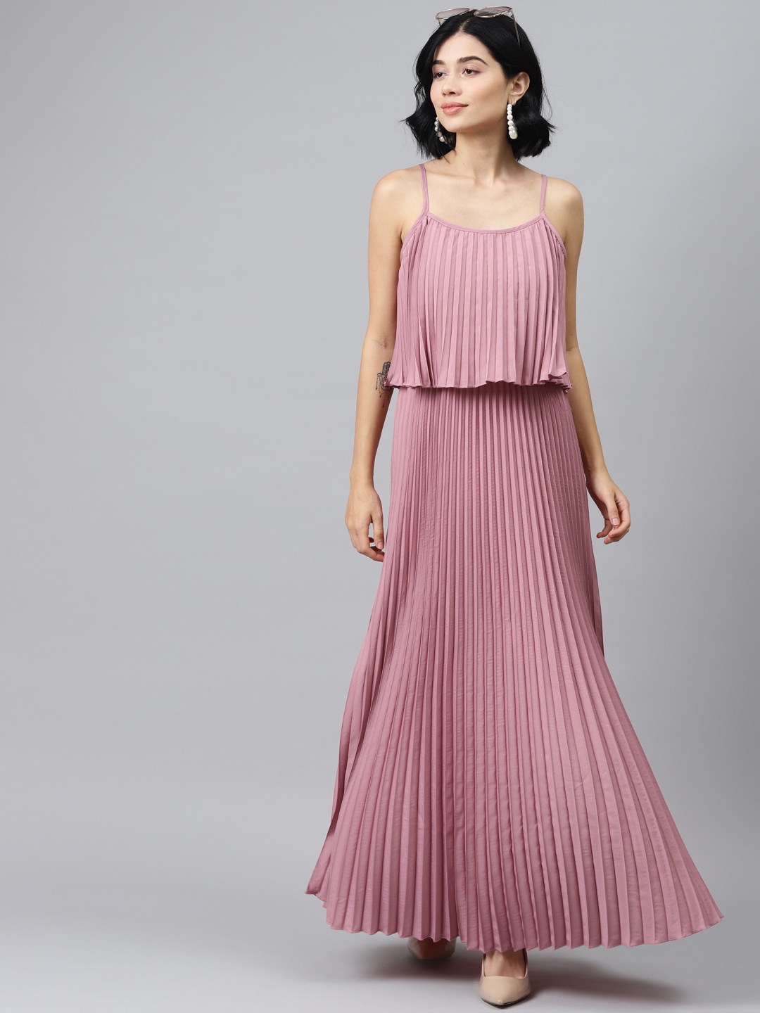 SASSAFRAS Women Mauve Solid Accordion Pleats Maxi Dress