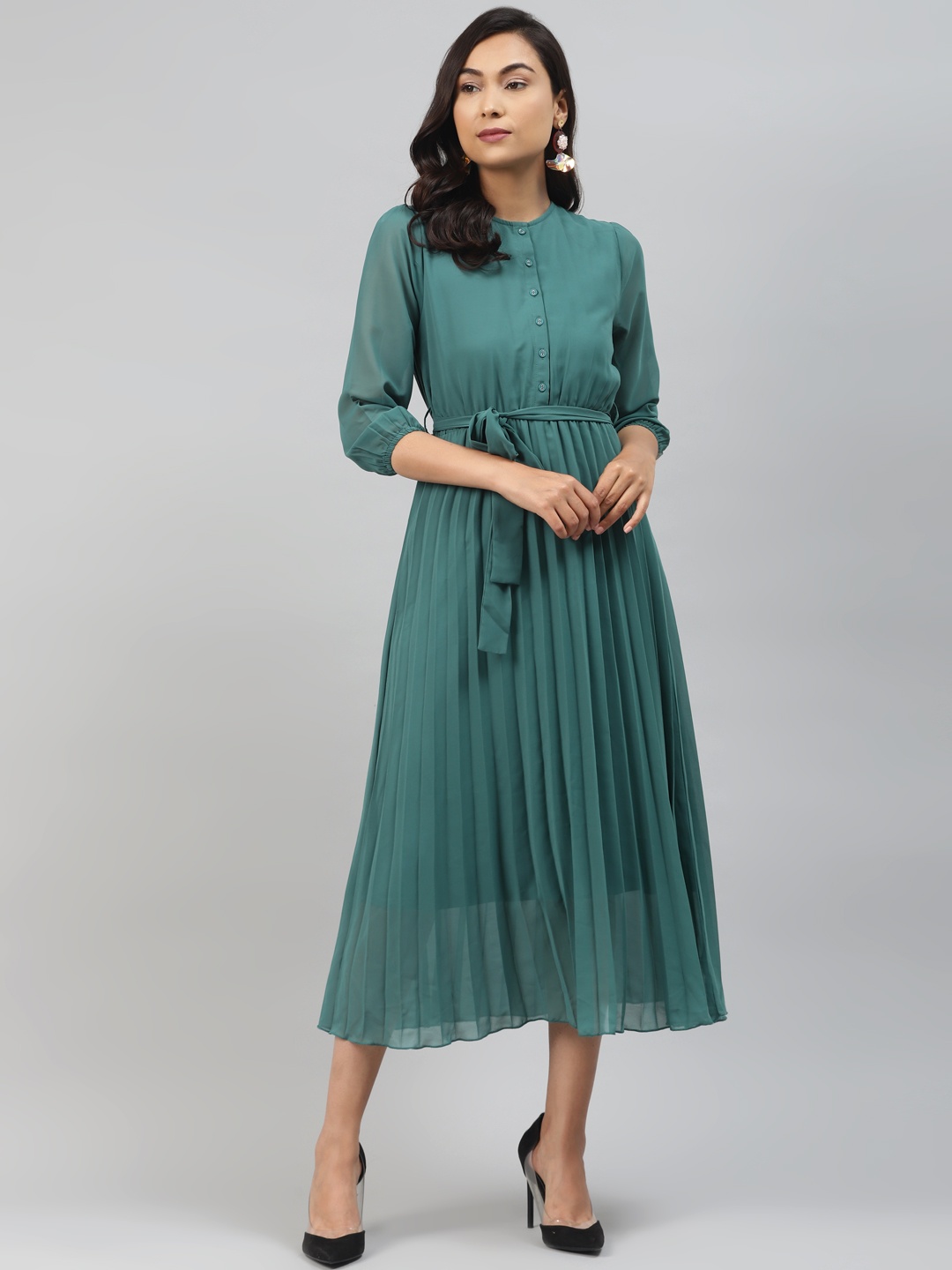 

SASSAFRAS Women Teal Green Solid Accordion Pleated A-Line Dress & Belt