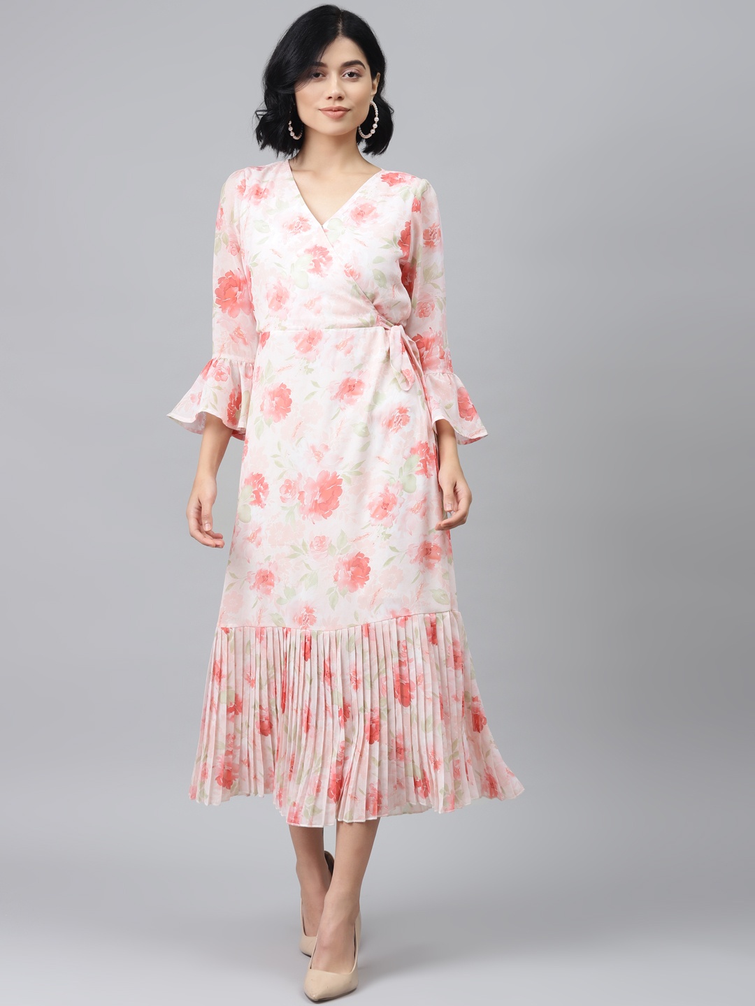 

SASSAFRAS Pink & Green Floral Printed Wrap Dress