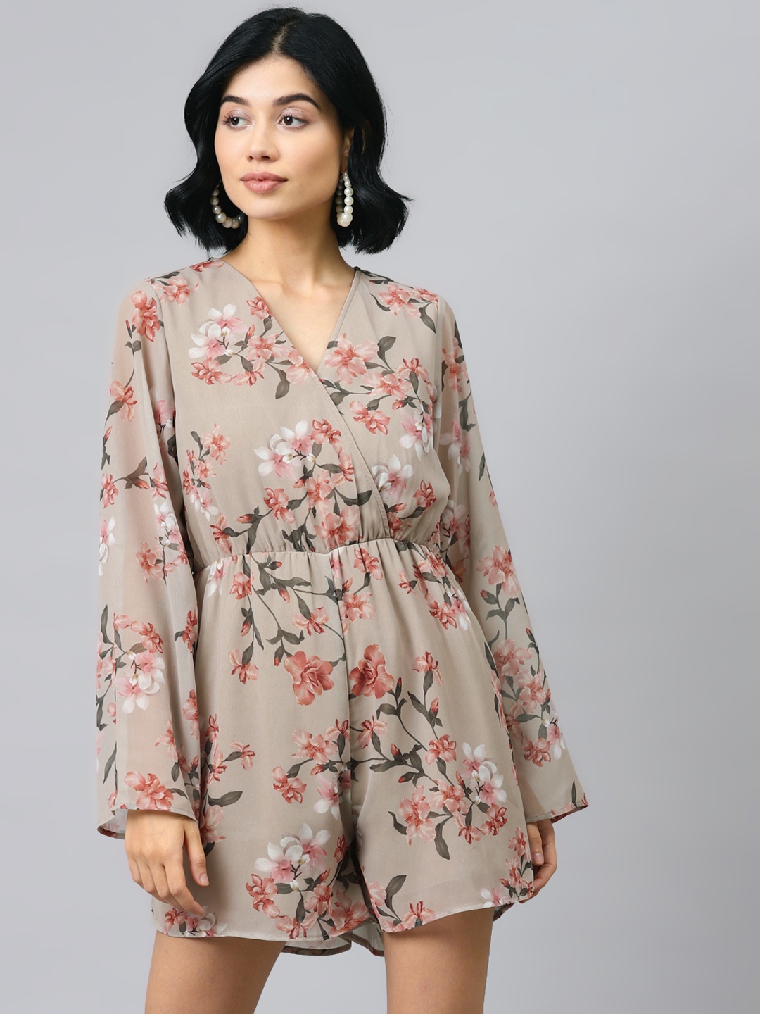 

SASSAFRAS Women Beige & Pink Floral Printed Playsuit