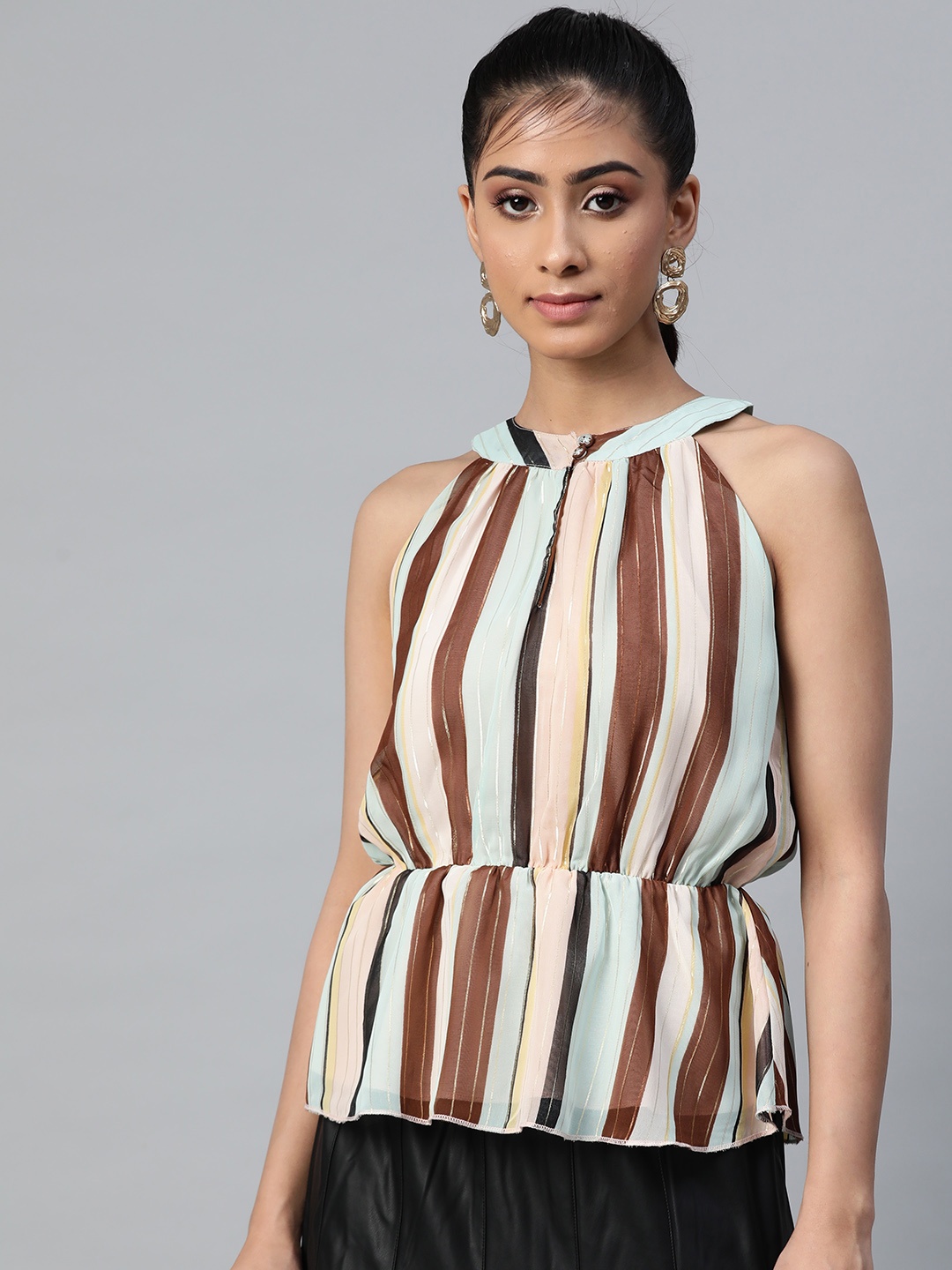 

SASSAFRAS Brown & Sea Green Striped Cinched Waist Top