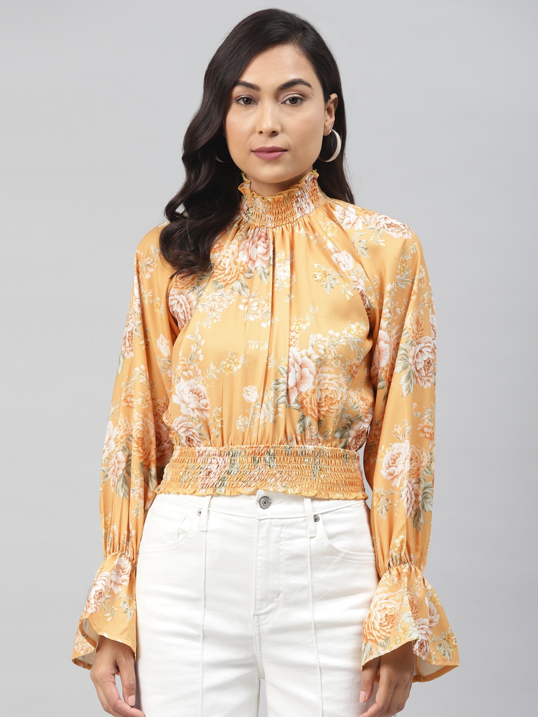 

SASSAFRAS Mustard Yellow & Green Victorian Floral Printed Bell Sleeves Top