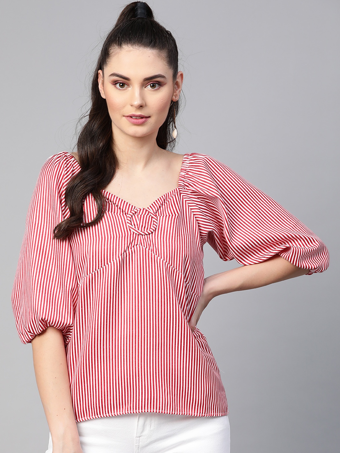 

SASSAFRAS Women Red & White Striped Sweetheart Neck Puff Sleeves Top