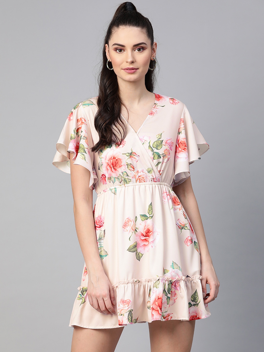 

SASSAFRAS Women Off-White & Pink Floral Print Wrap Dress