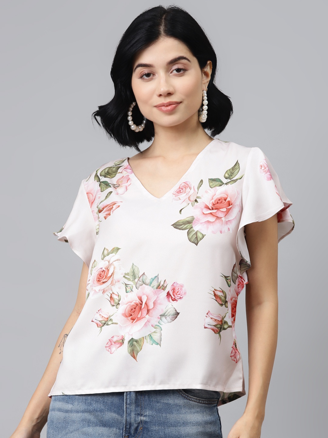 

SASSAFRAS Pink Floral Printed Flutter Sleeves Top