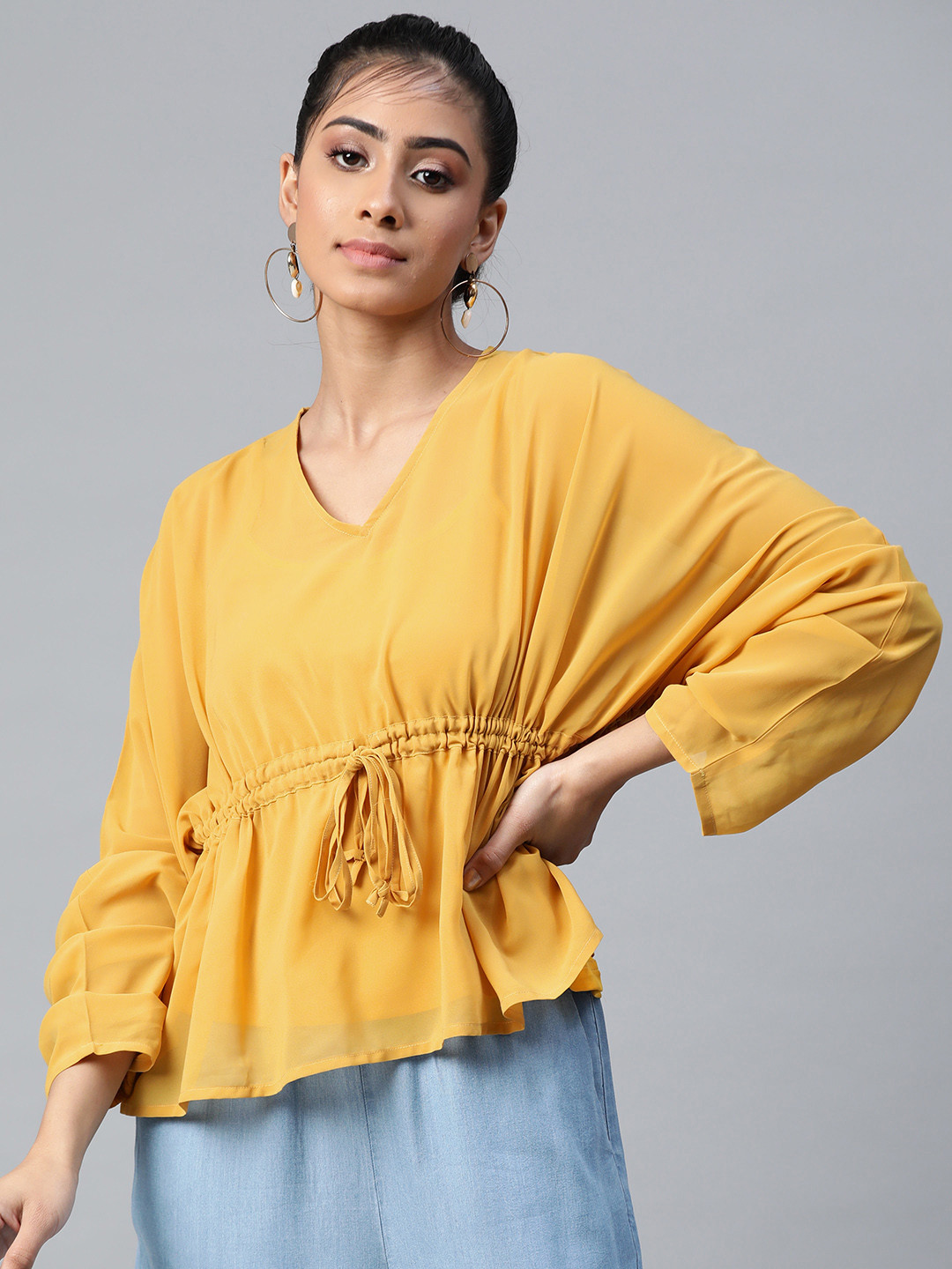 

SASSAFRAS Women Yellow Solid Batwing Sleeves Empire Top