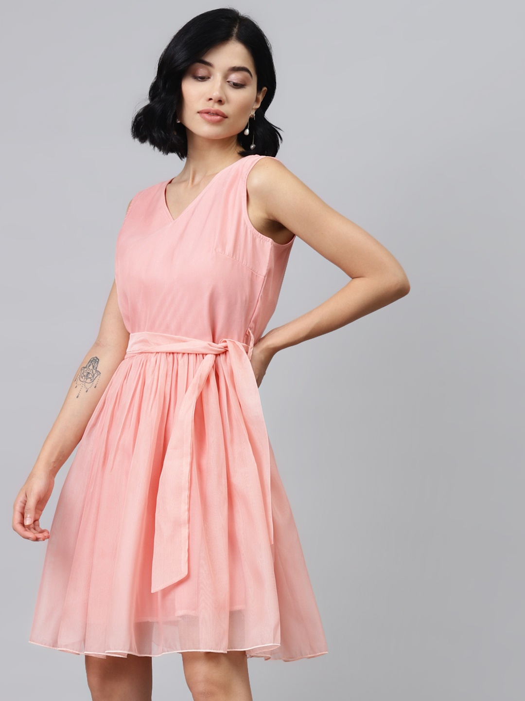 

SASSAFRAS Women Pink Solid A-Line Dress & Belt