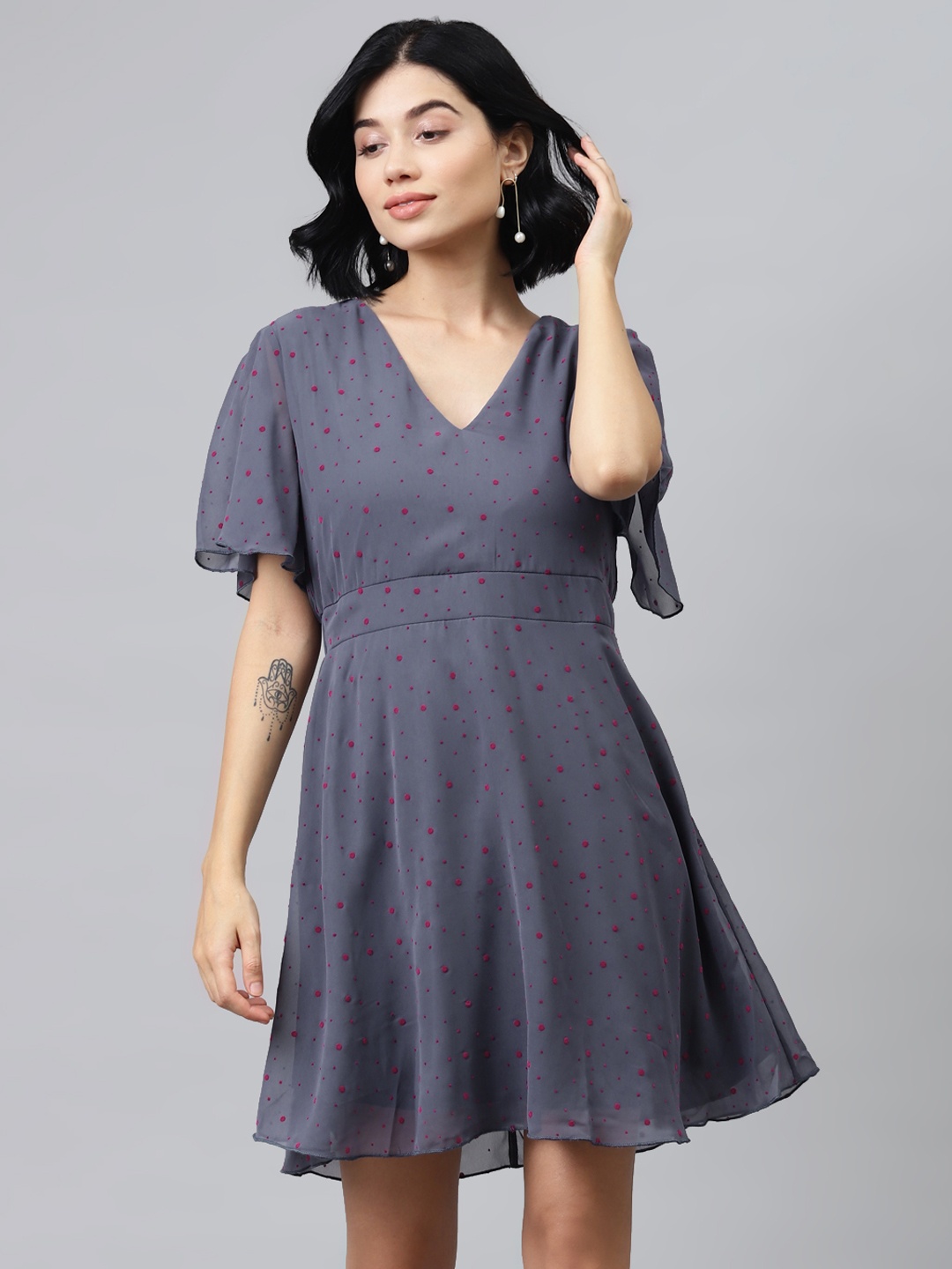 

SASSAFRAS Women Charcoal Grey & Pink Polka Dots Printed A-Line Dress