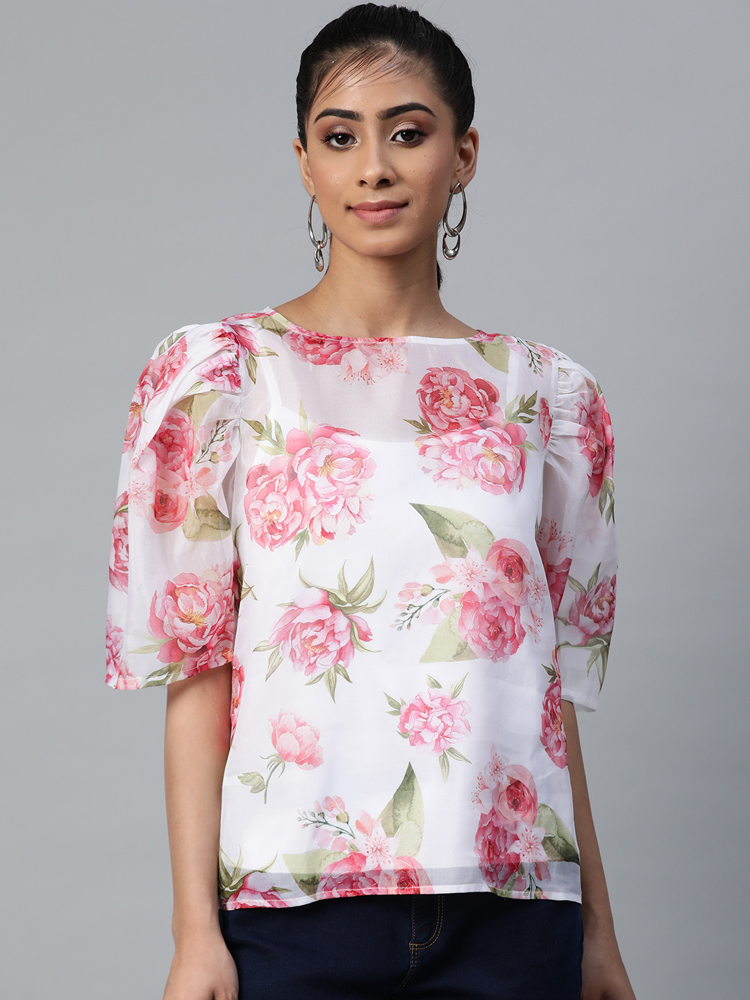 

SASSAFRAS White & Pink Floral Printed Puff Sleeves Sheer Organza Top