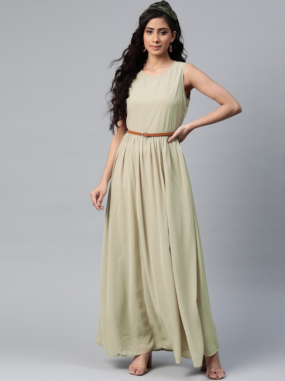 

SASSAFRAS Women Olive Green Solid Maxi Dress With Belt