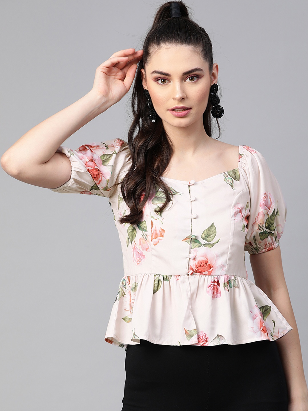 

SASSAFRAS Nude-Coloured & Green Floral Printed Puff Sleeves Peplum Top