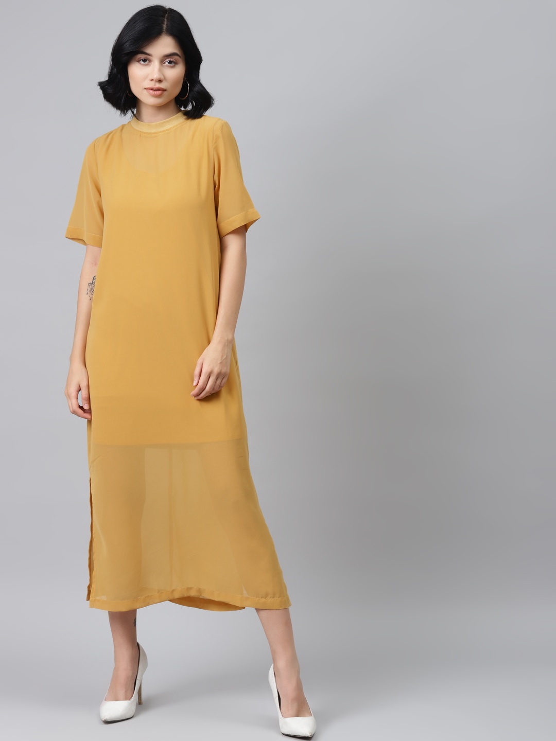 

SASSAFRAS Women Mustard Yellow Semi-Sheer Solid Maxi Dress