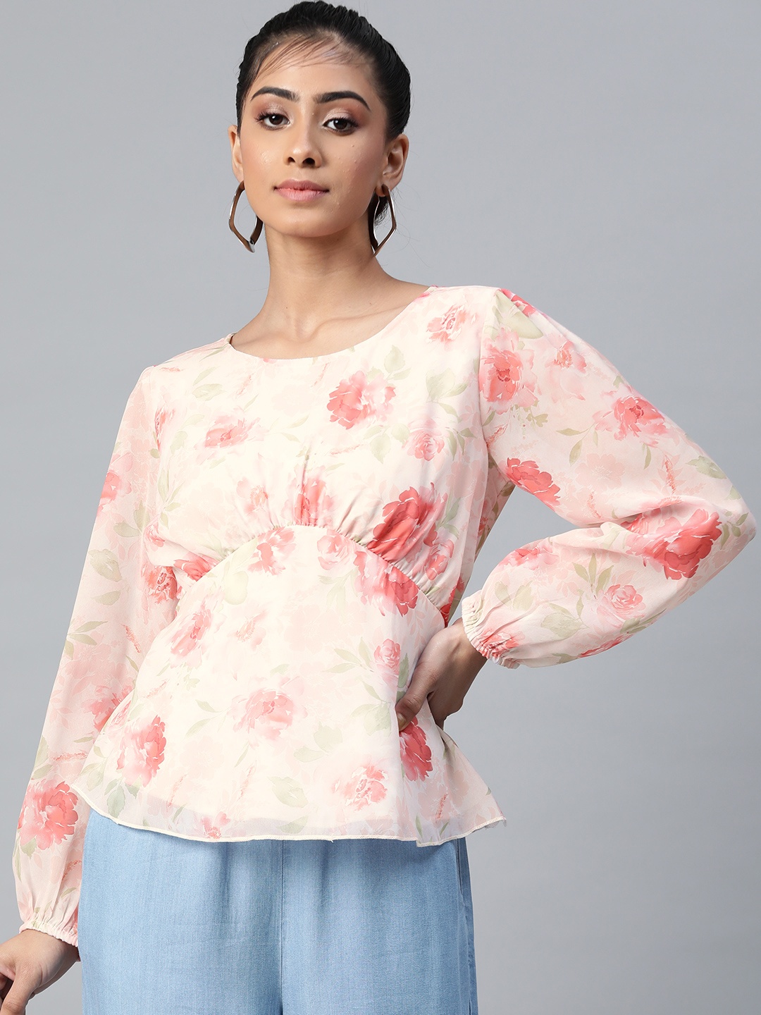 

SASSAFRAS Women Pink & Off-White Floral Printed Puff Sleeves Empire Top