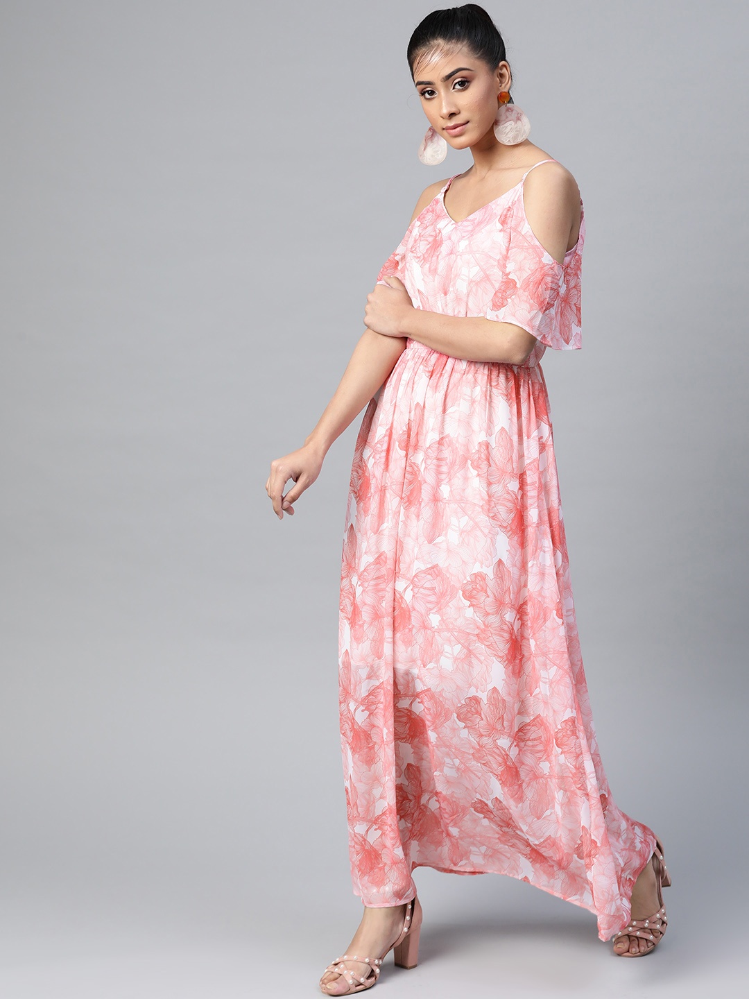 

SASSAFRAS Women Pink & White Floral Printed Cold-Shoulder Maxi Dress