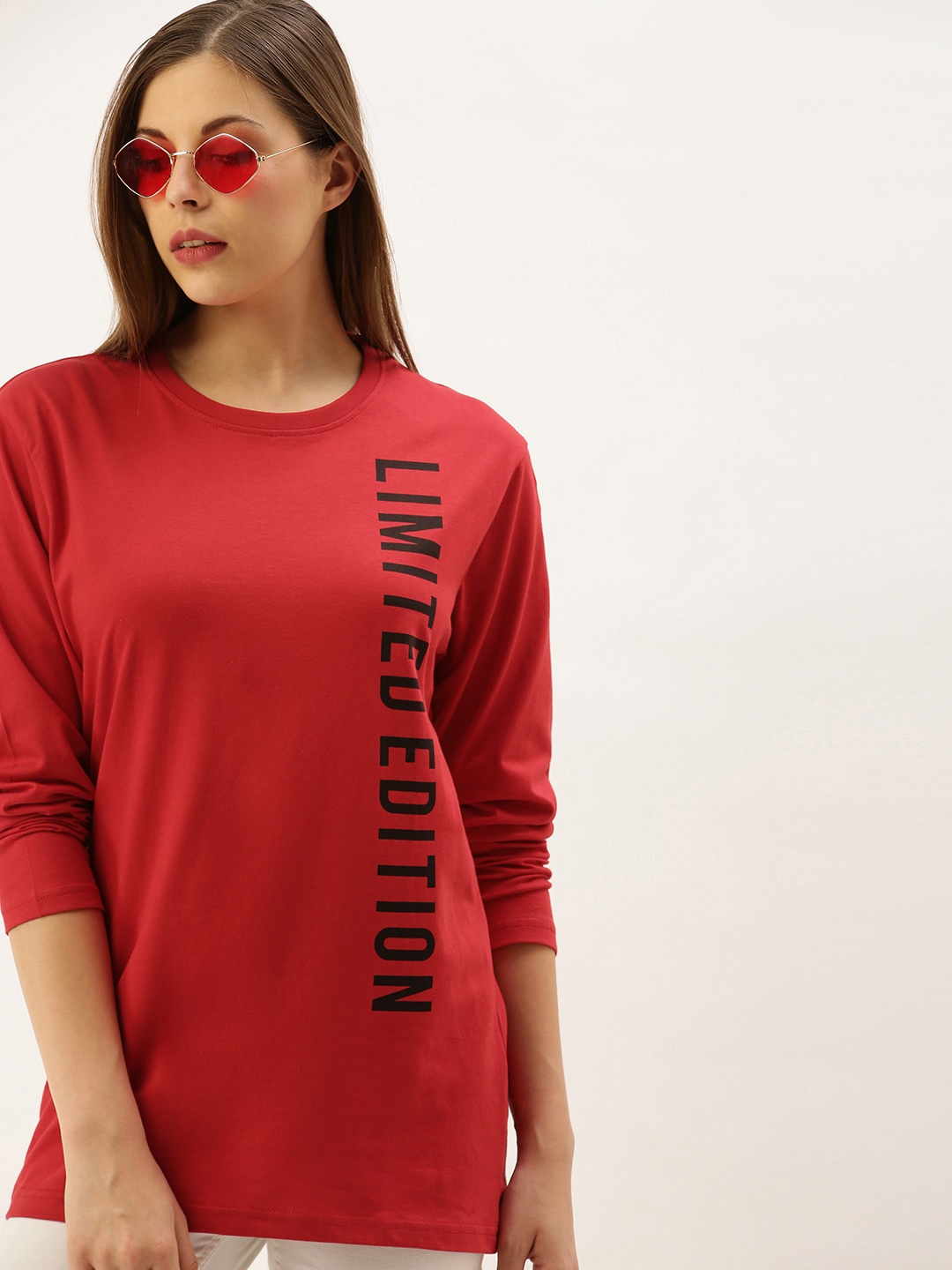 

DILLINGER Women Red Placement Printed Round Neck Oversized Pure Cotton T-shirt