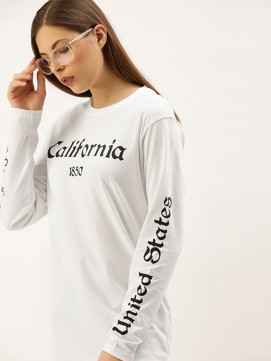 

DILLINGER Women White Printed Round Neck Oversized Pure Cotton T-shirt