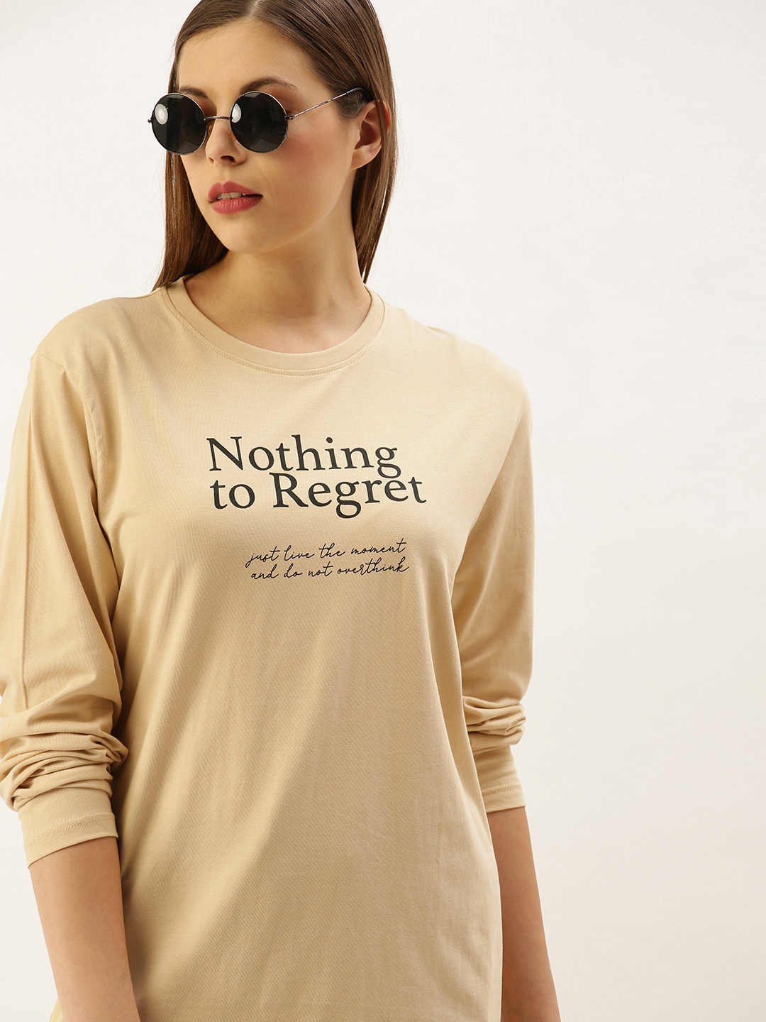 

DILLINGER Women Beige Printed Round Neck Oversized Pure Cotton T-shirt