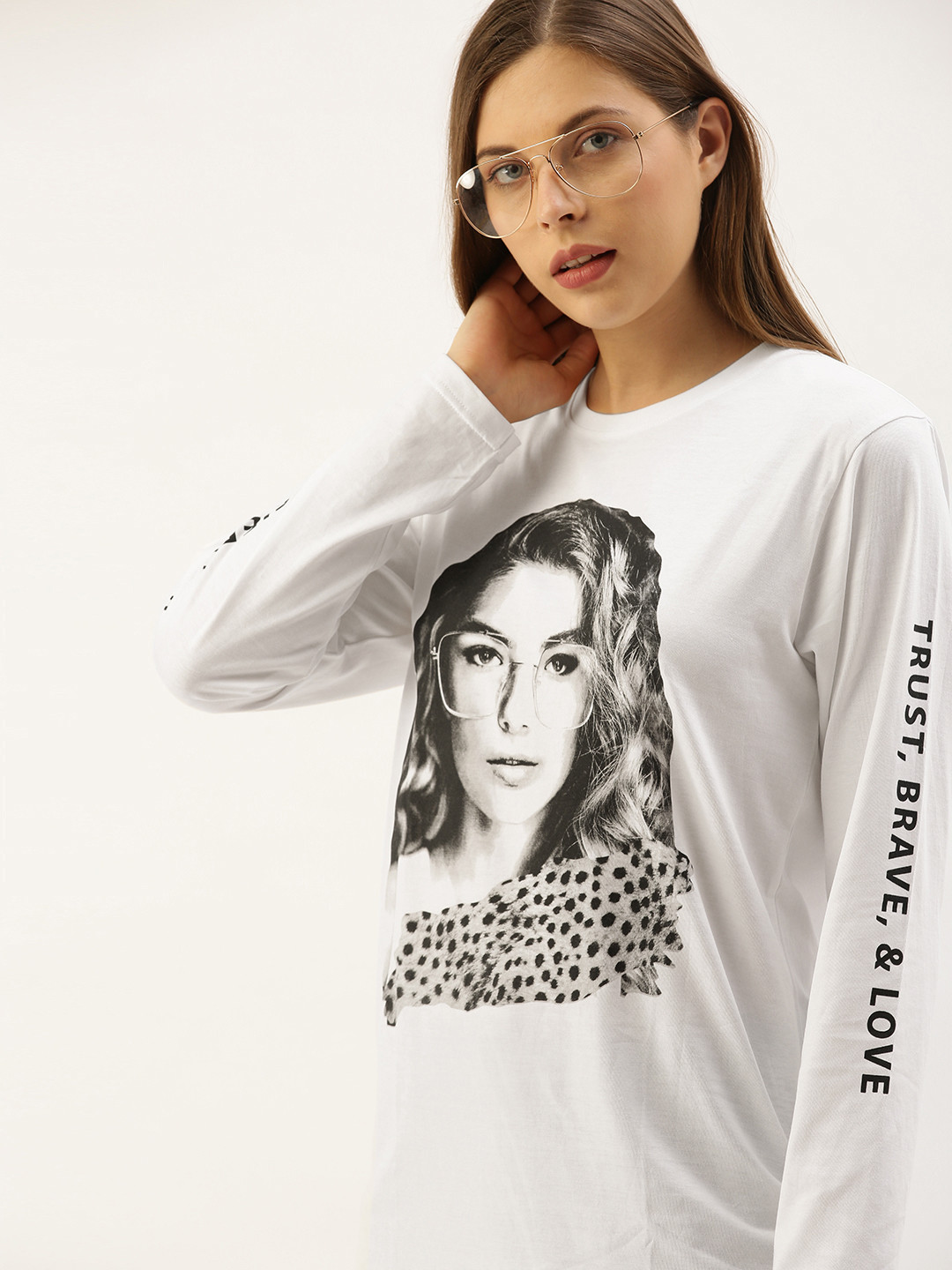 

DILLINGER Women White Printed Round Neck Oversized Pure Cotton T-shirt