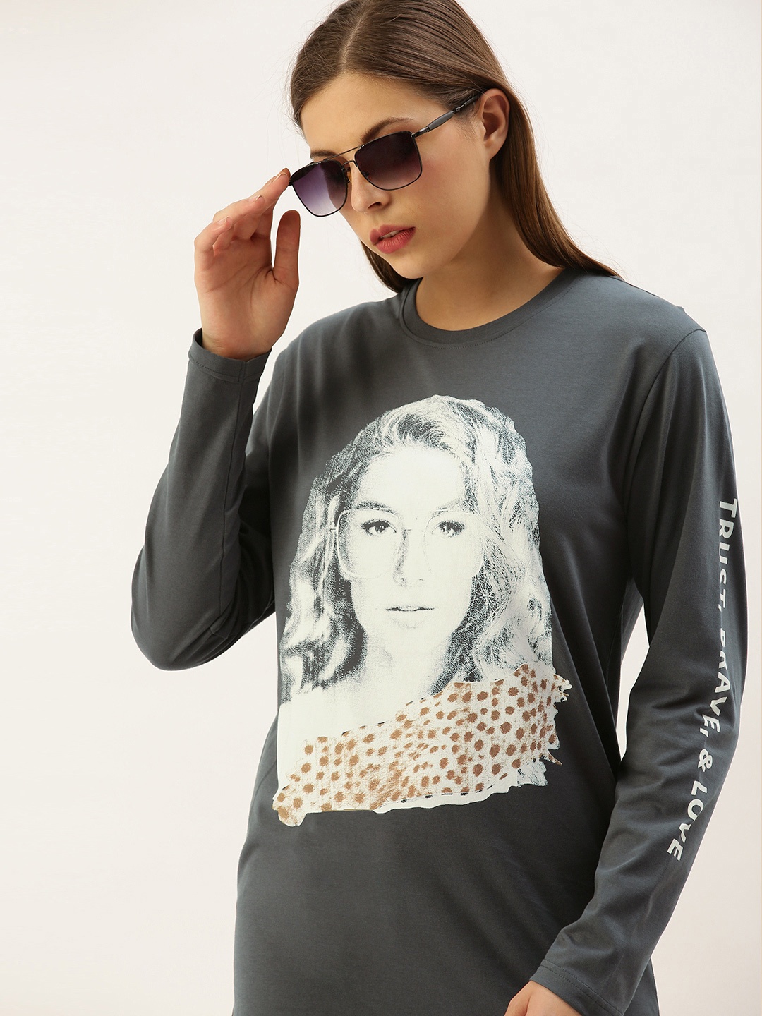 

DILLINGER Women Grey Printed Round Neck Oversized Pure Cotton T-shirt
