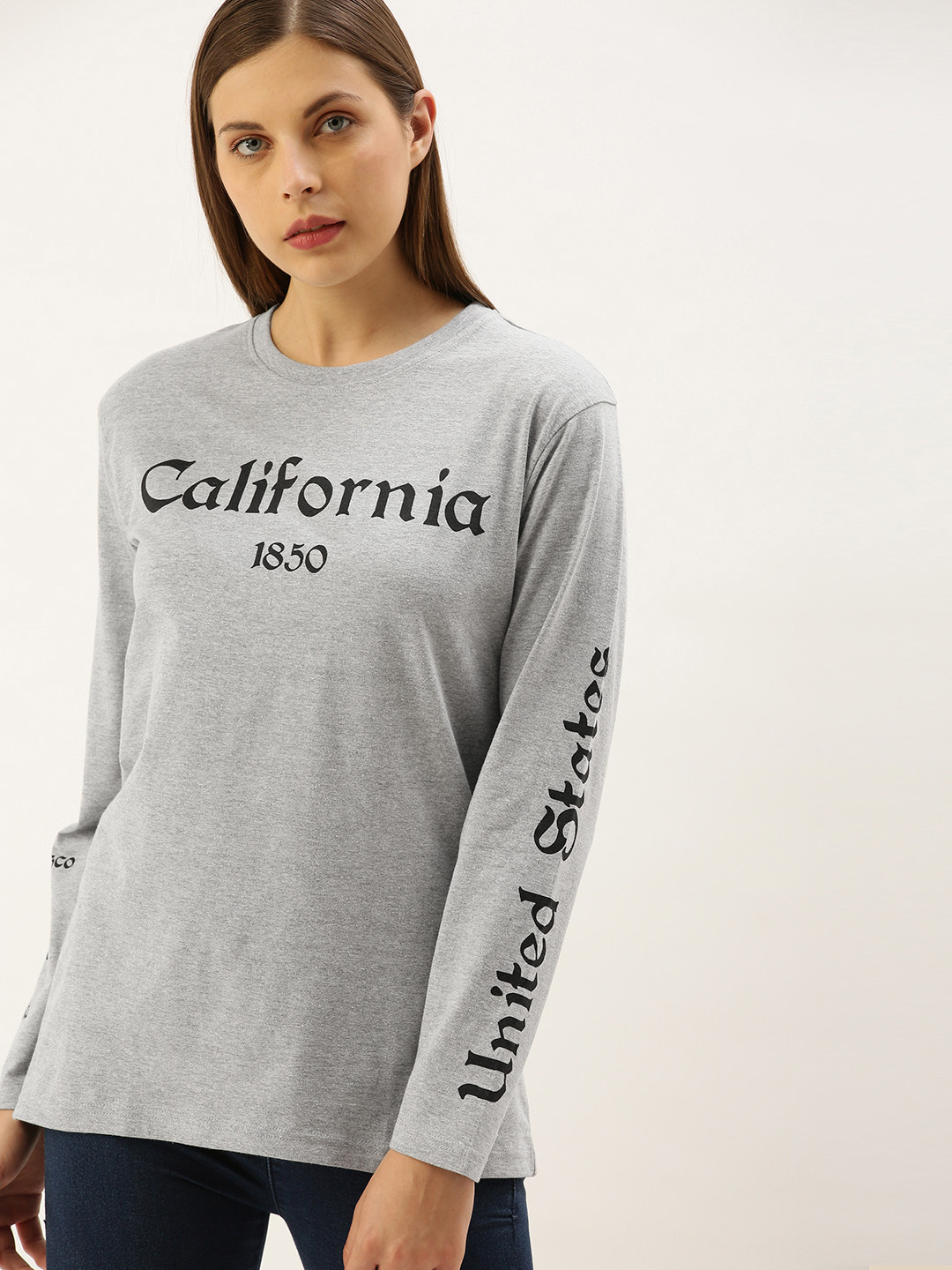 

DILLINGER Women Grey Melange Printed Round Neck Oversized Pure Cotton T-shirt