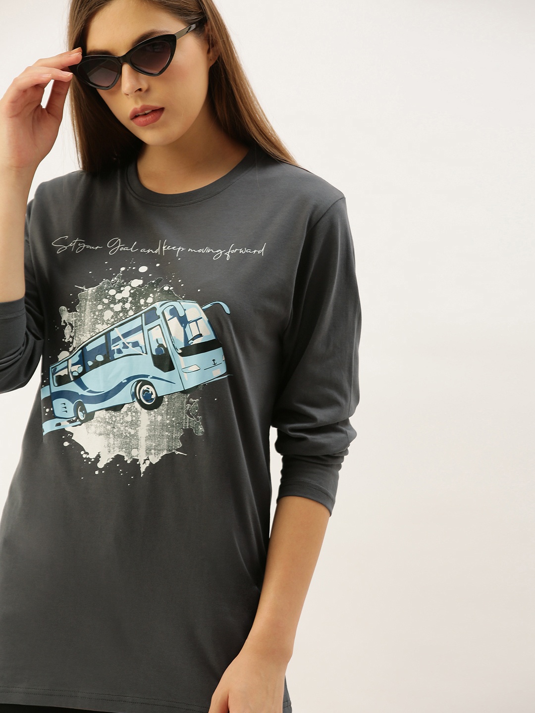 

DILLINGER Women Grey Printed Round Neck Longline Oversized Pure Cotton T-shirt