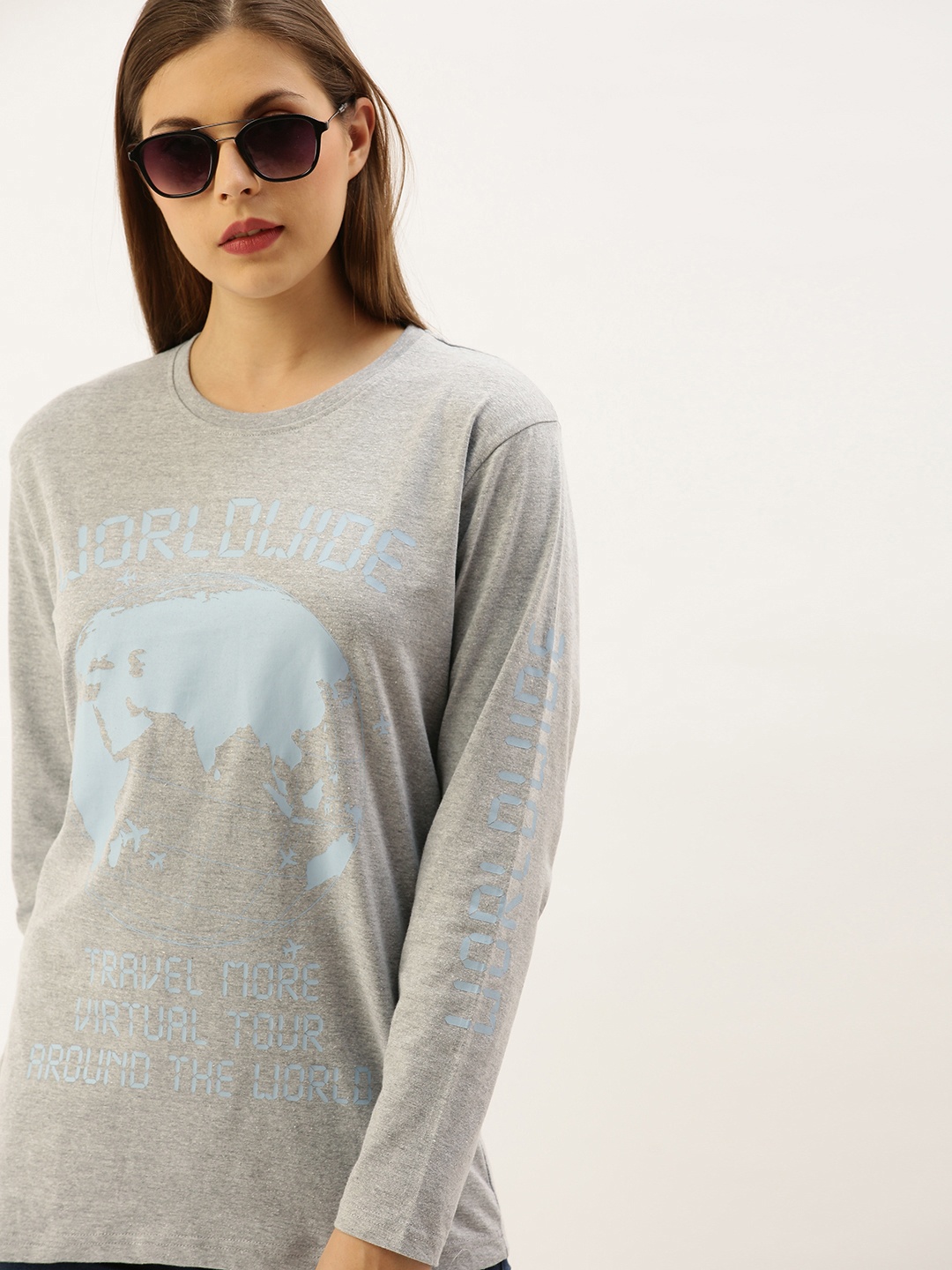 

DILLINGER Women Grey Melange Printed Round Neck Oversized T-shirt