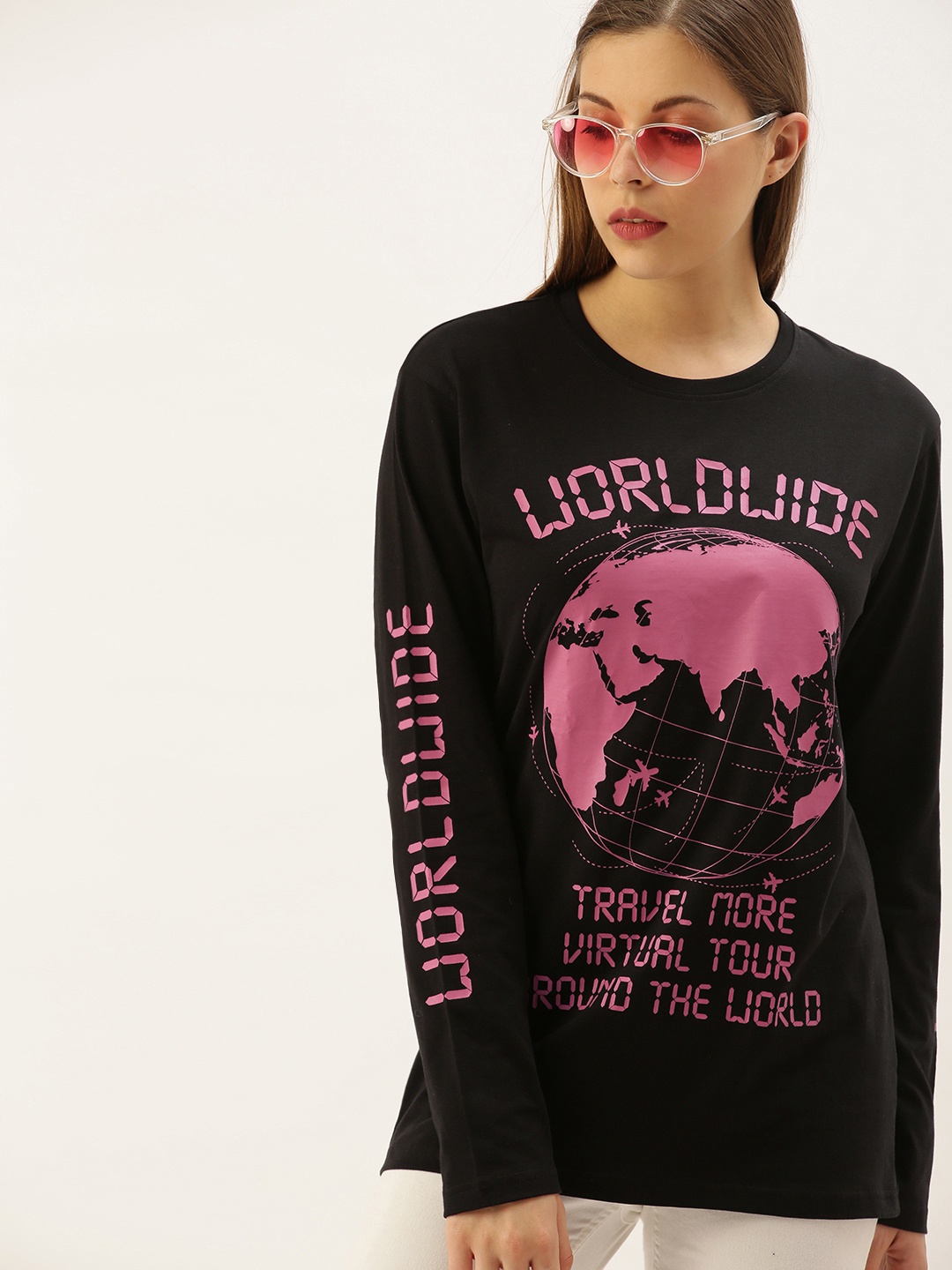 

DILLINGER Women Black Pink Printed Round Neck Oversized Pure Cotton T-shirt